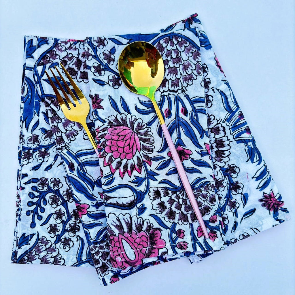 Floral Hand Block Printed Cotton Napkins: Indian Artisan Decor