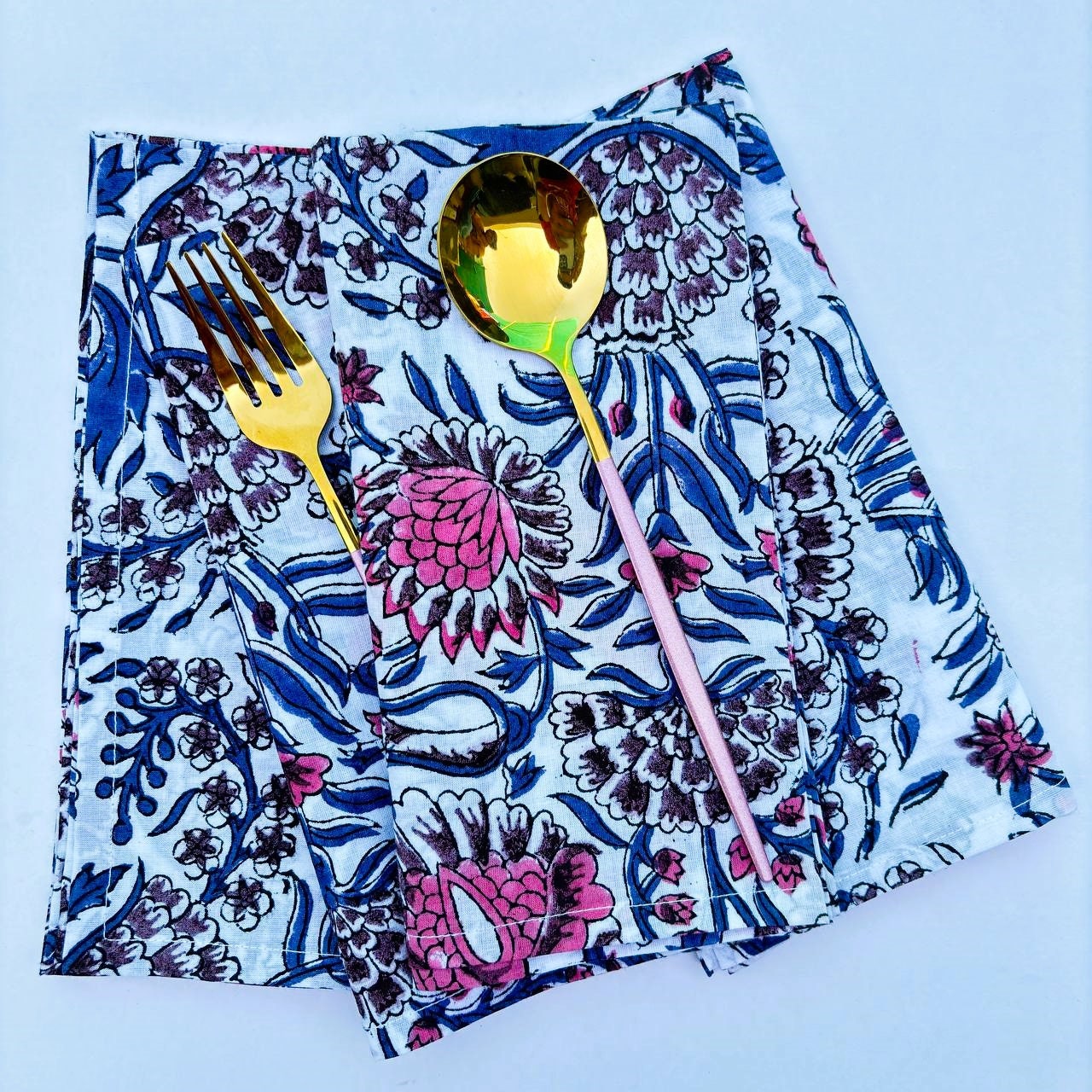 Floral Hand Block Printed Cotton Napkins: Indian Artisan Decor