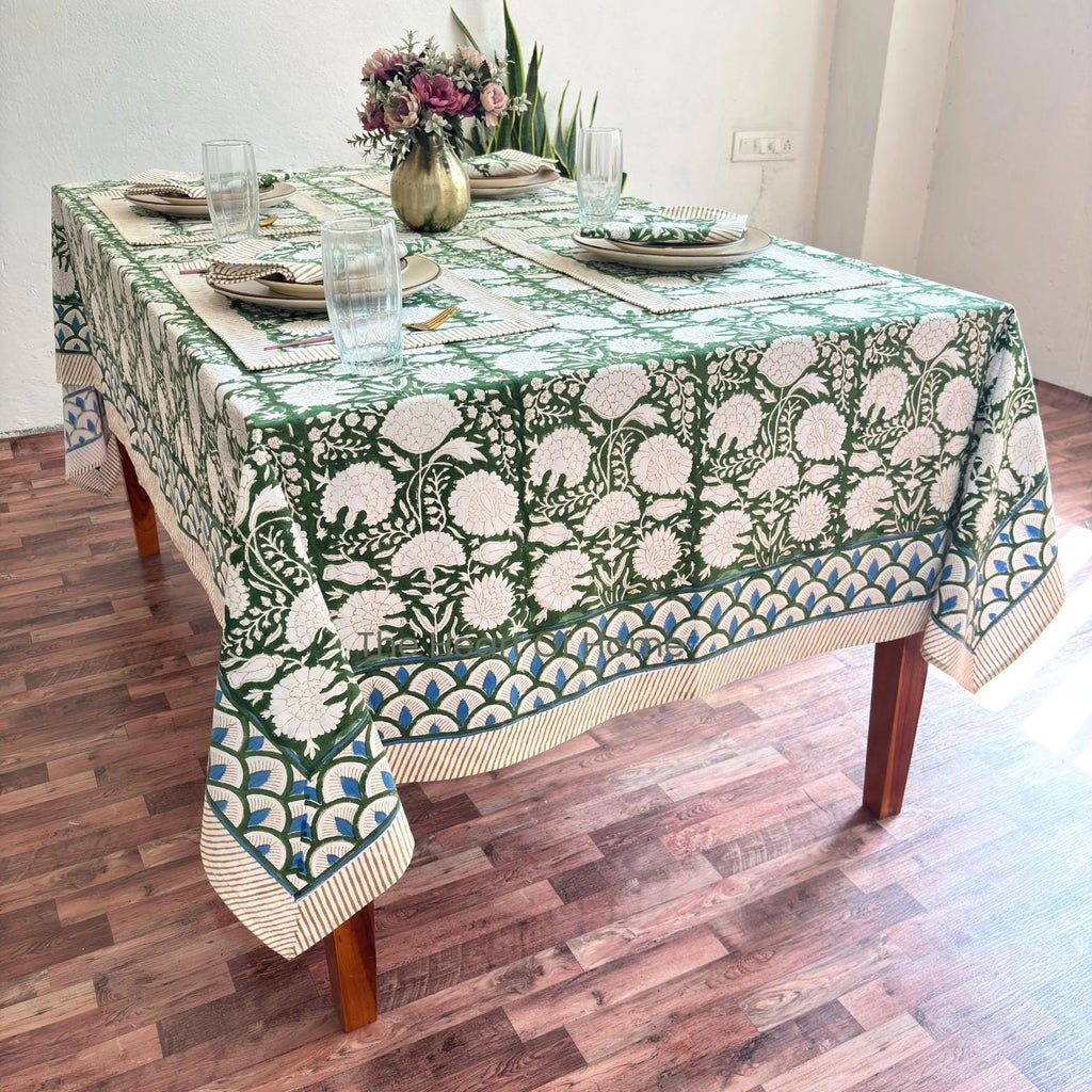 Green Floral Cotton Linen Tablecloth: Custom Sizes, Elegant Event Decor