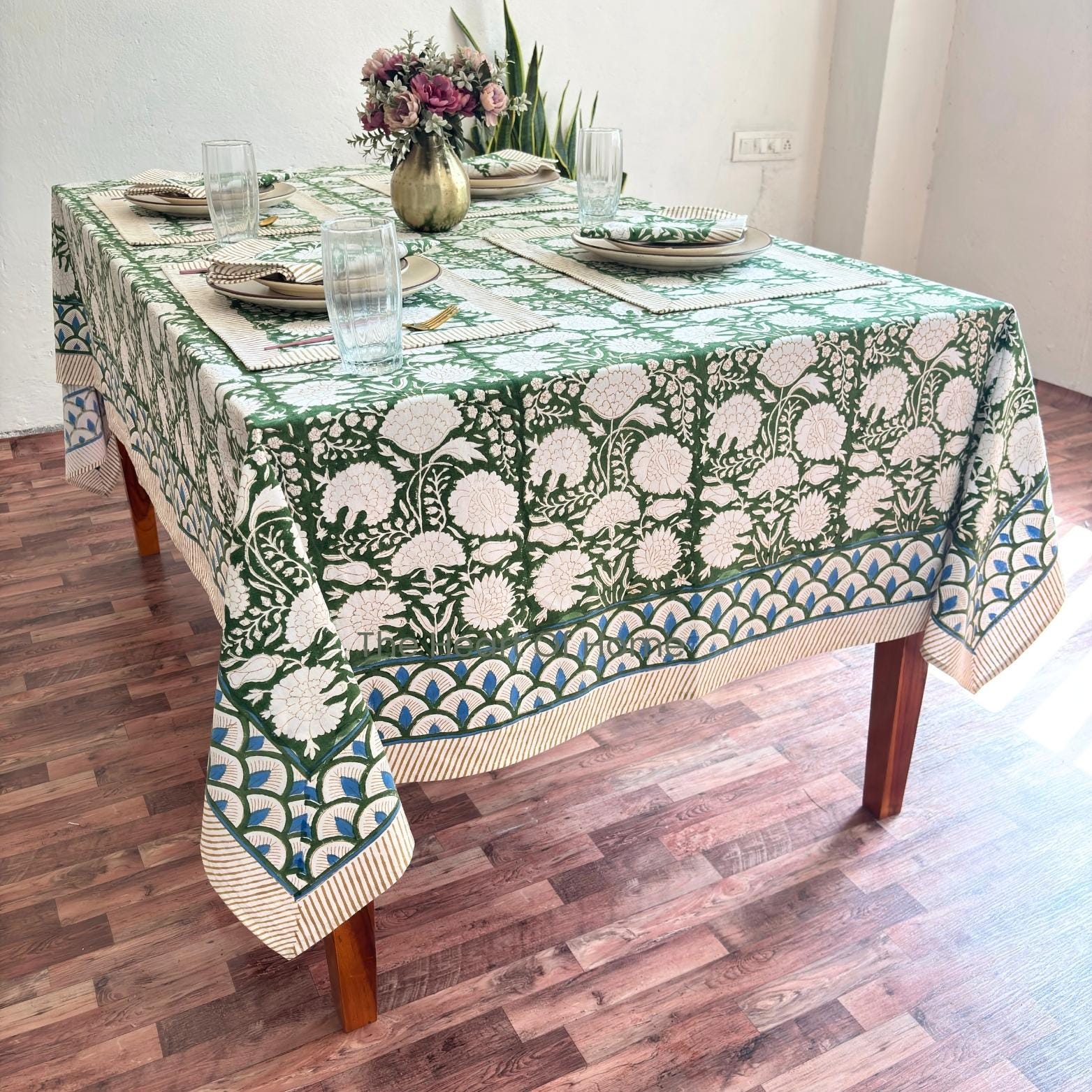 Green Floral Cotton Linen Tablecloth: Custom Sizes, Elegant Event Decor
