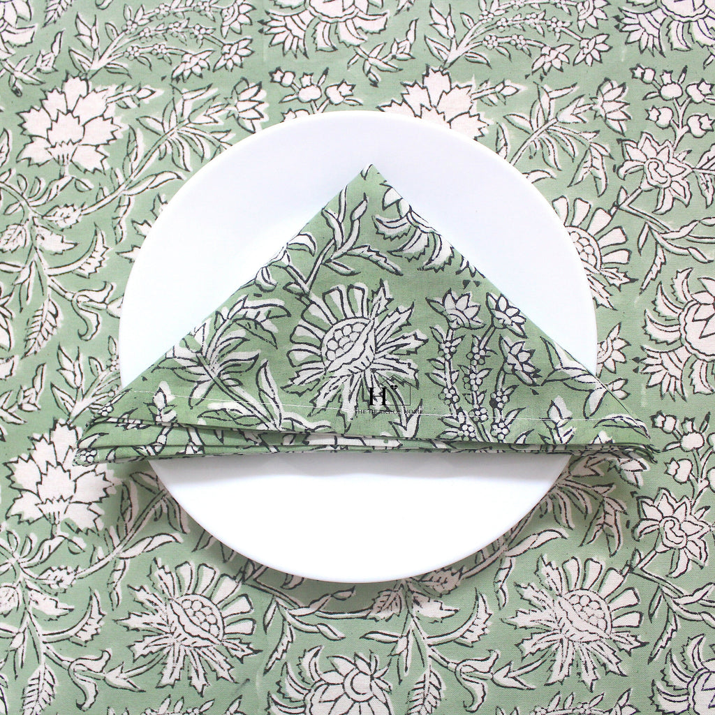 Hand Block Printed Olive Green Linen Tablecloth - Custom Sizes