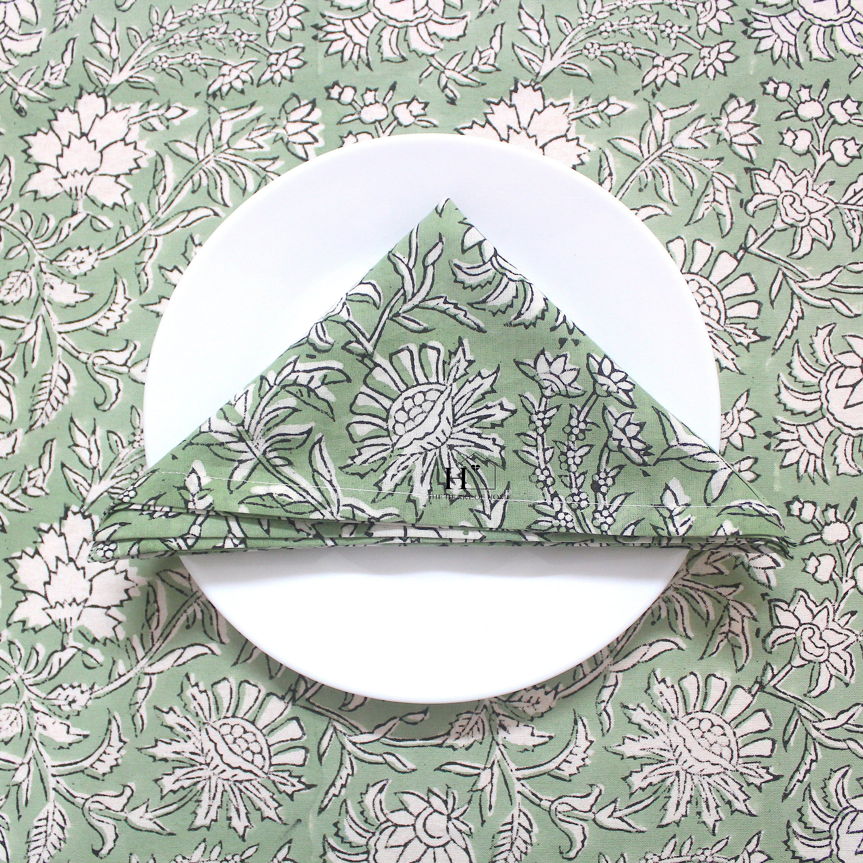 Hand Block Printed Olive Green Linen Tablecloth - Custom Sizes