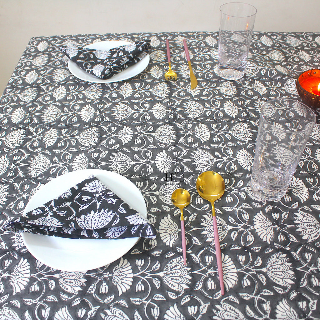 Black Floral Block Print Cotton Tablecloth - Waterproof Rustic Dining Cover