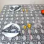 Black Floral Block Print Cotton Tablecloth - Waterproof Rustic Dining Cover