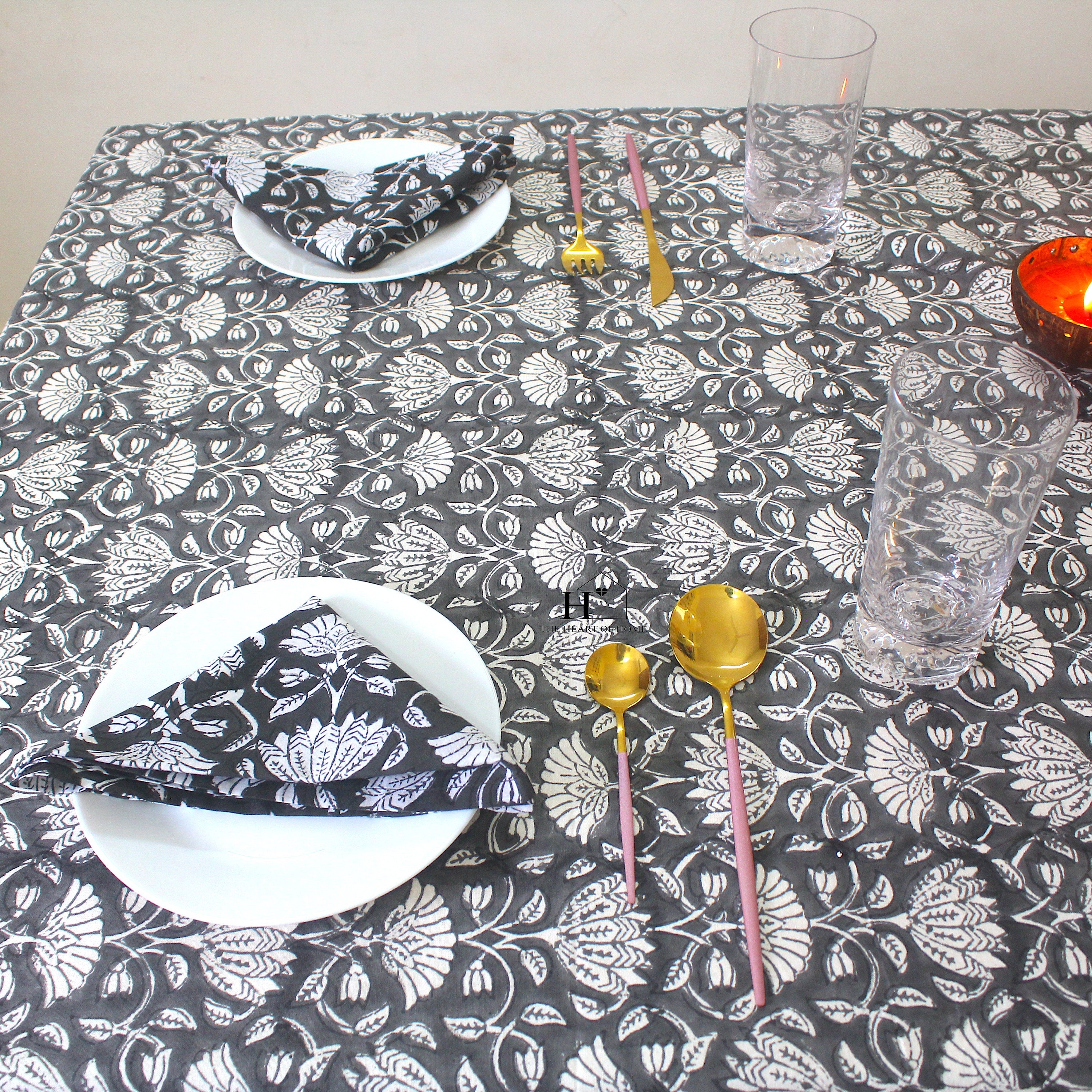 Black Floral Block Print Cotton Tablecloth - Waterproof Rustic Dining Cover