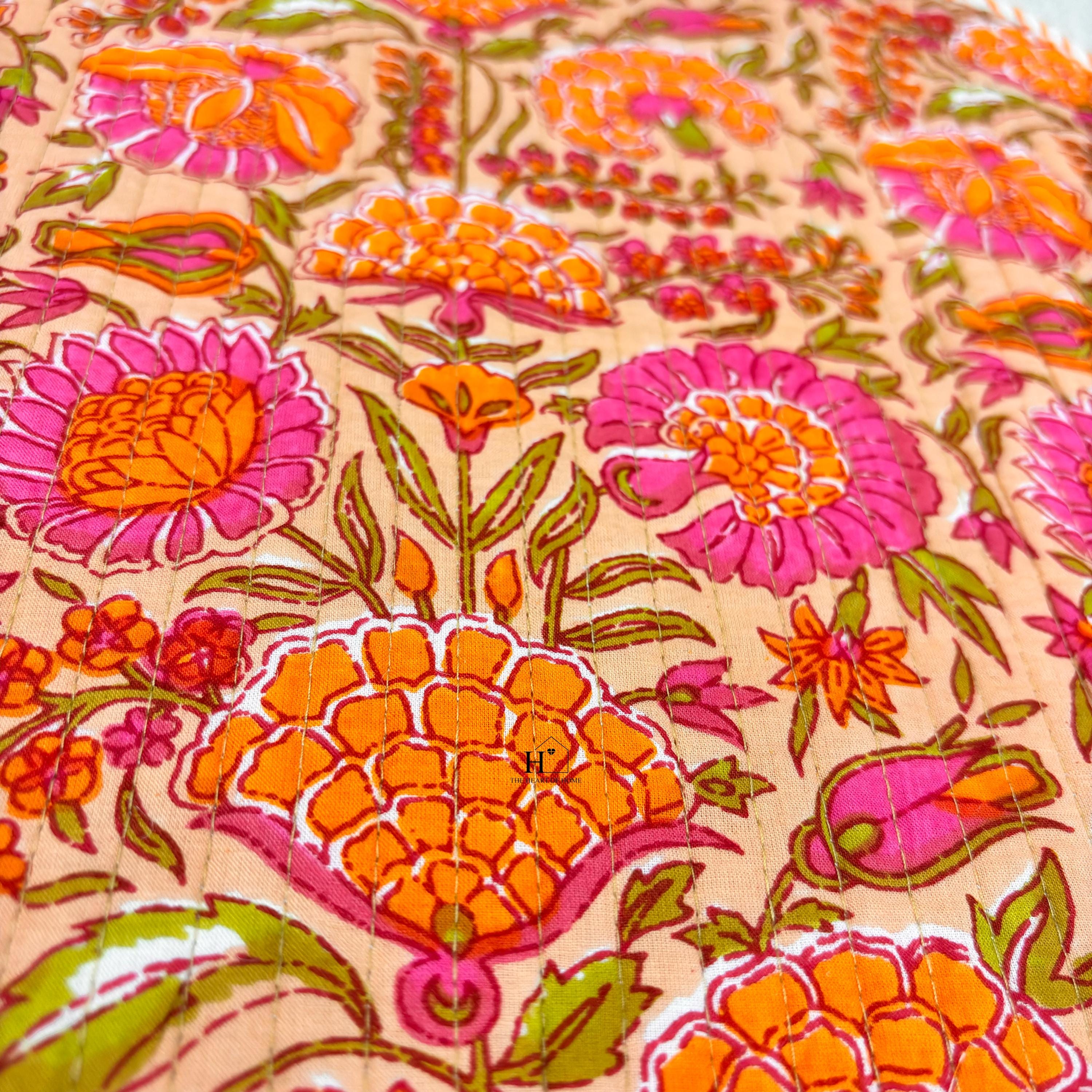 Handcrafted Orange Floral Quilted Placemat & Napkin Set
