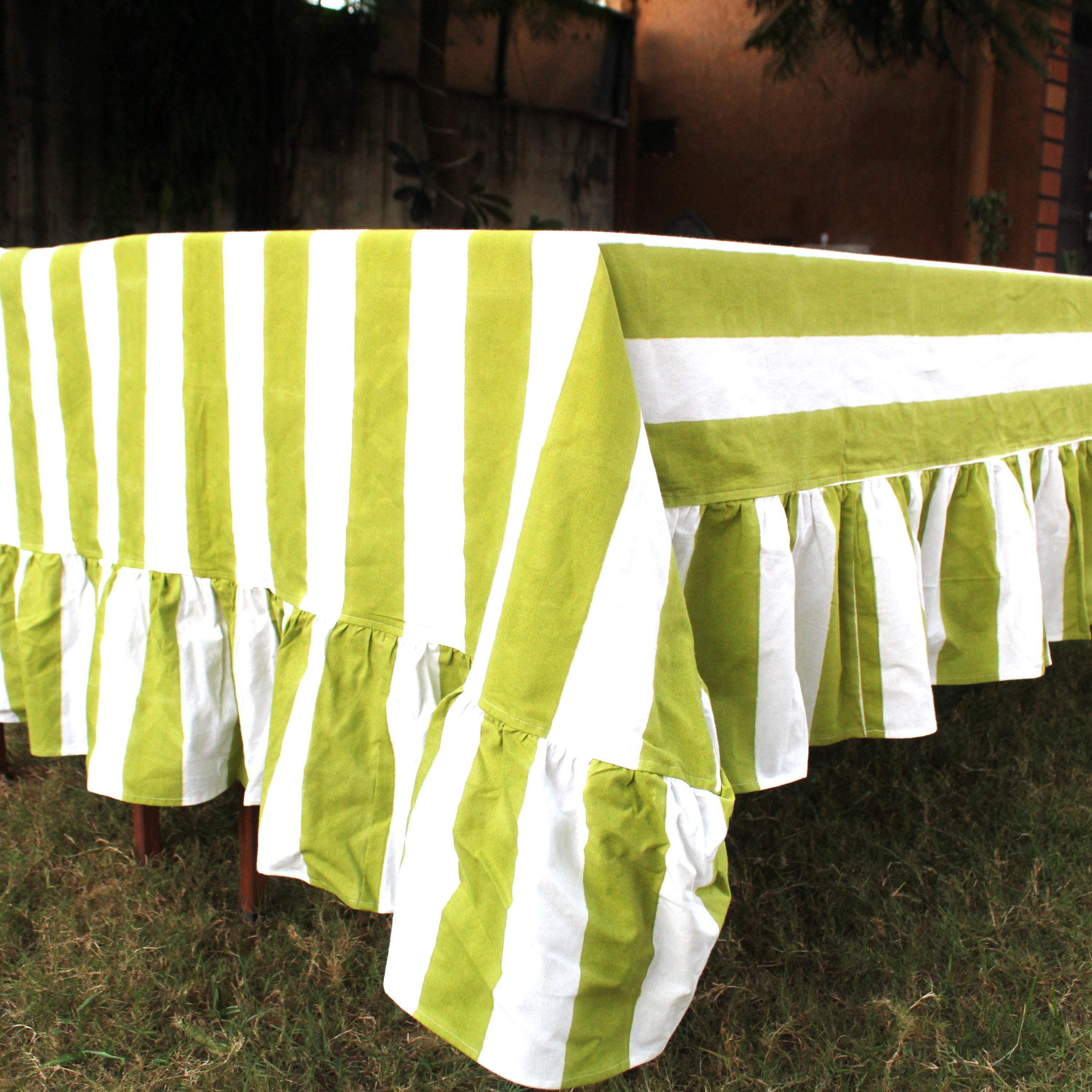 Light green Stripe Table cloth ruffle for table decoration and christmas gift small wedding events