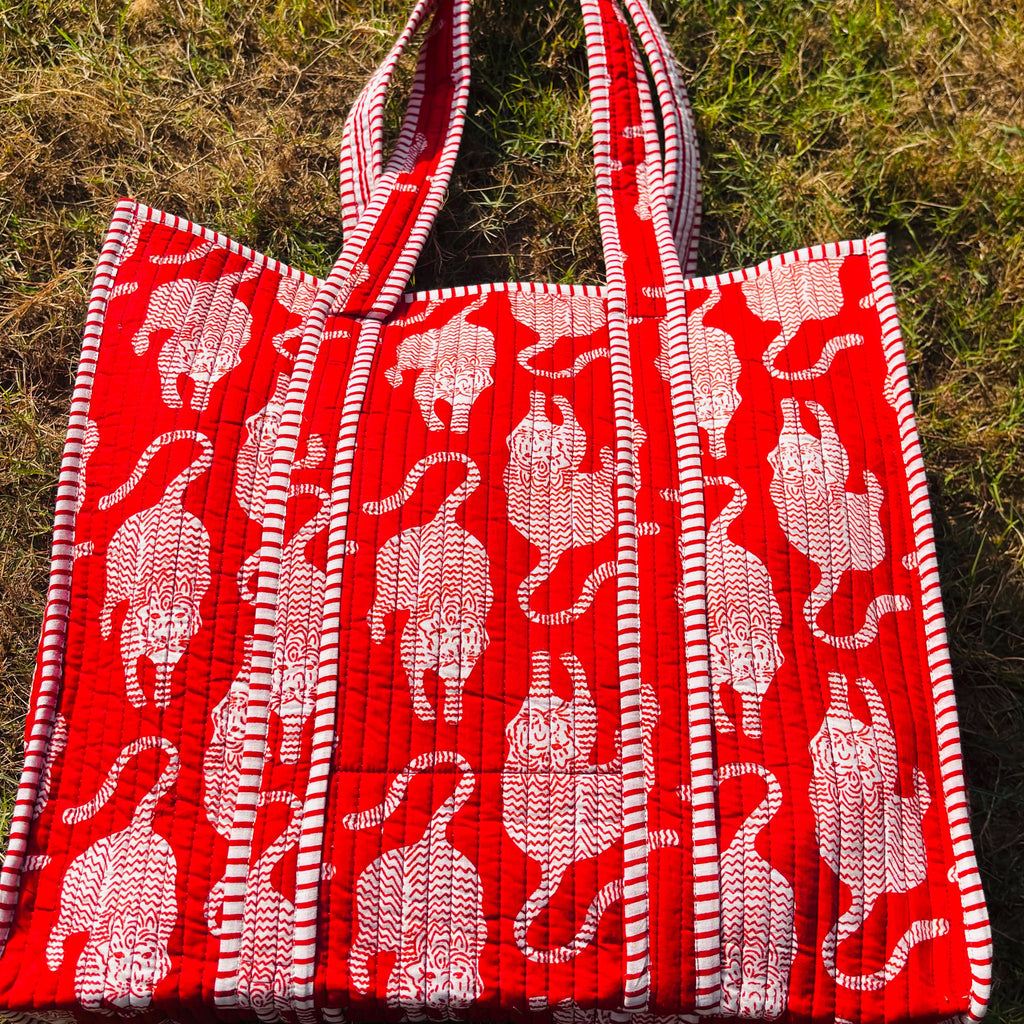 Red Leopard Tiger Print Quilted Cotton Tote Bag