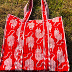 Red Leopard Tiger Print Quilted Cotton Tote Bag