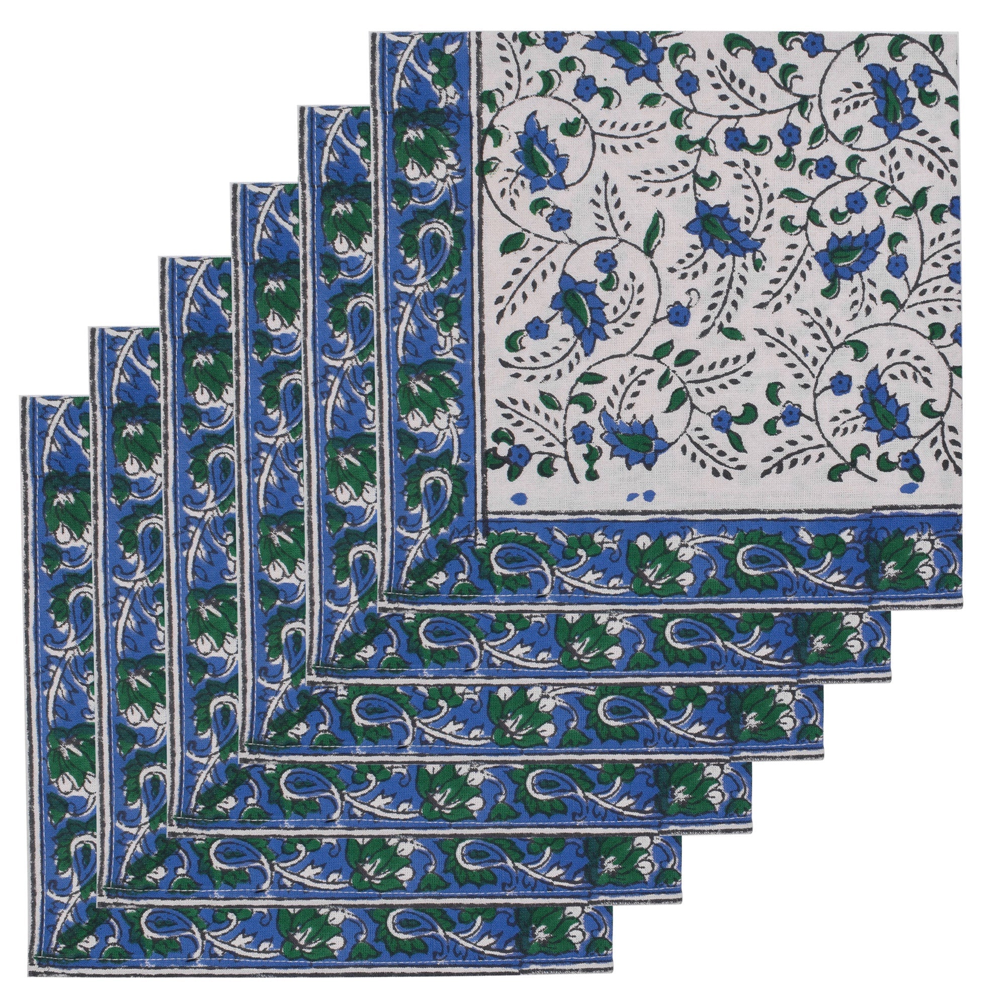 Blue Floral Handblock Print Cotton Napkins: Indian Dinner Napkins