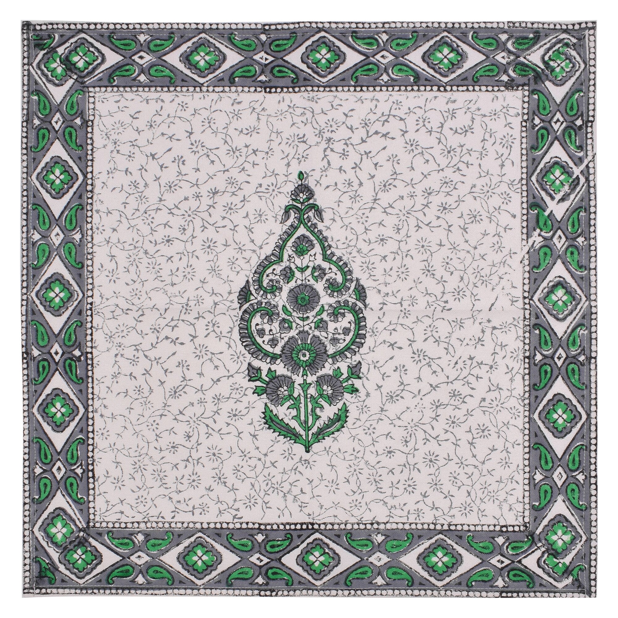 Hand Block Printed Cotton Placemats and Napkins: Gray & Green Floral
