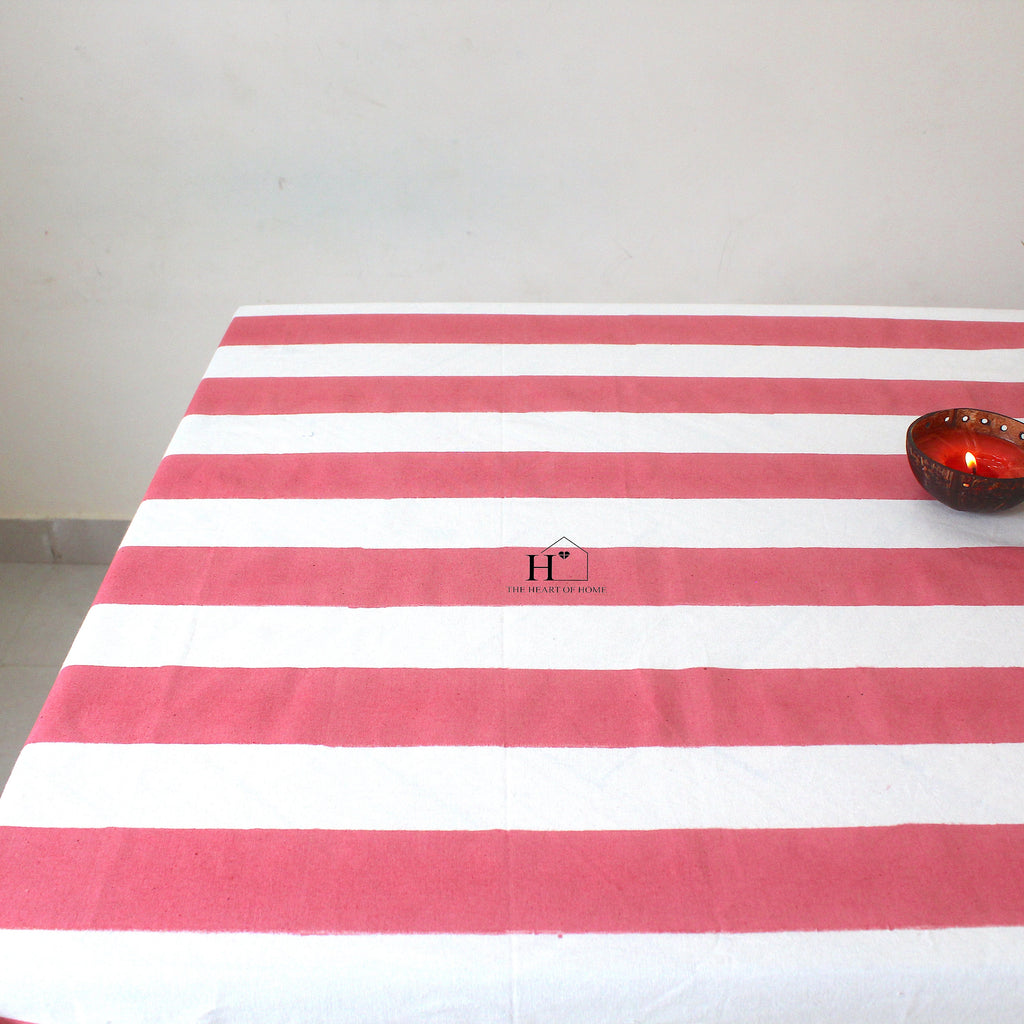 Hand-Block Rosy Pink Stripe Cotton Tablecloth: Waterproof Farmhouse Table Cover