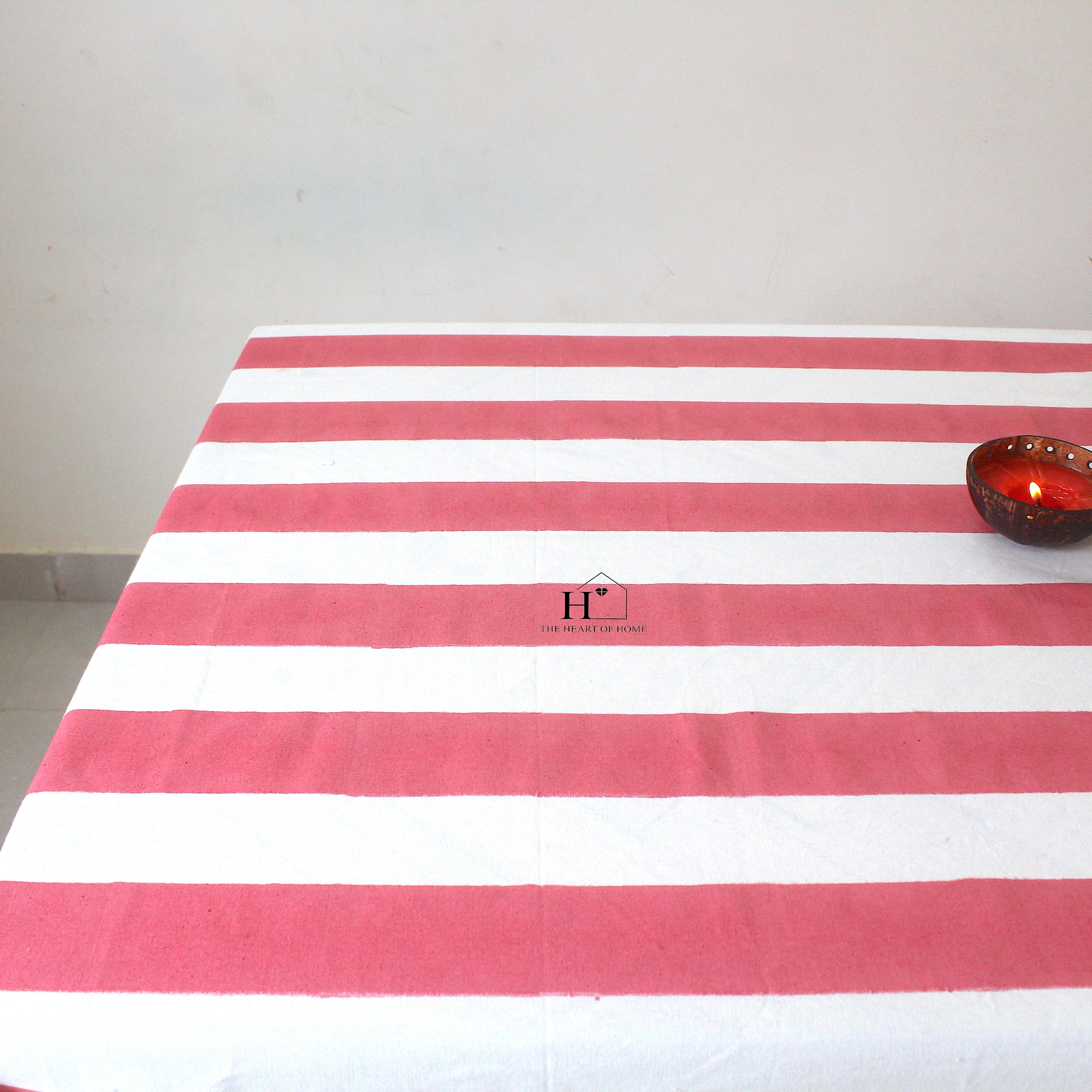 Hand-Block Rosy Pink Stripe Cotton Tablecloth: Waterproof Farmhouse Table Cover
