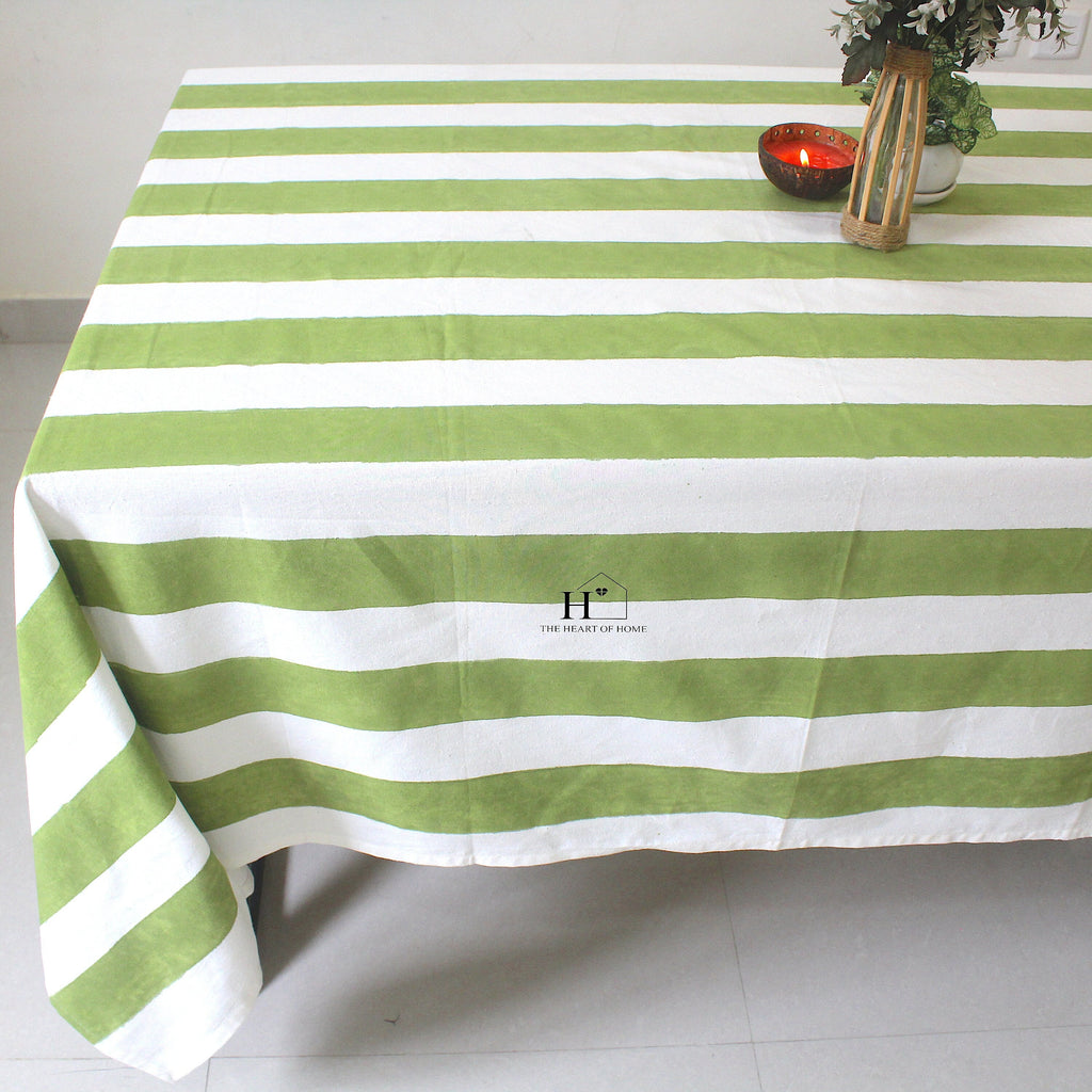 Hand-Block Printed Cotton Tablecloth: Green Stripe Minimalist Decor