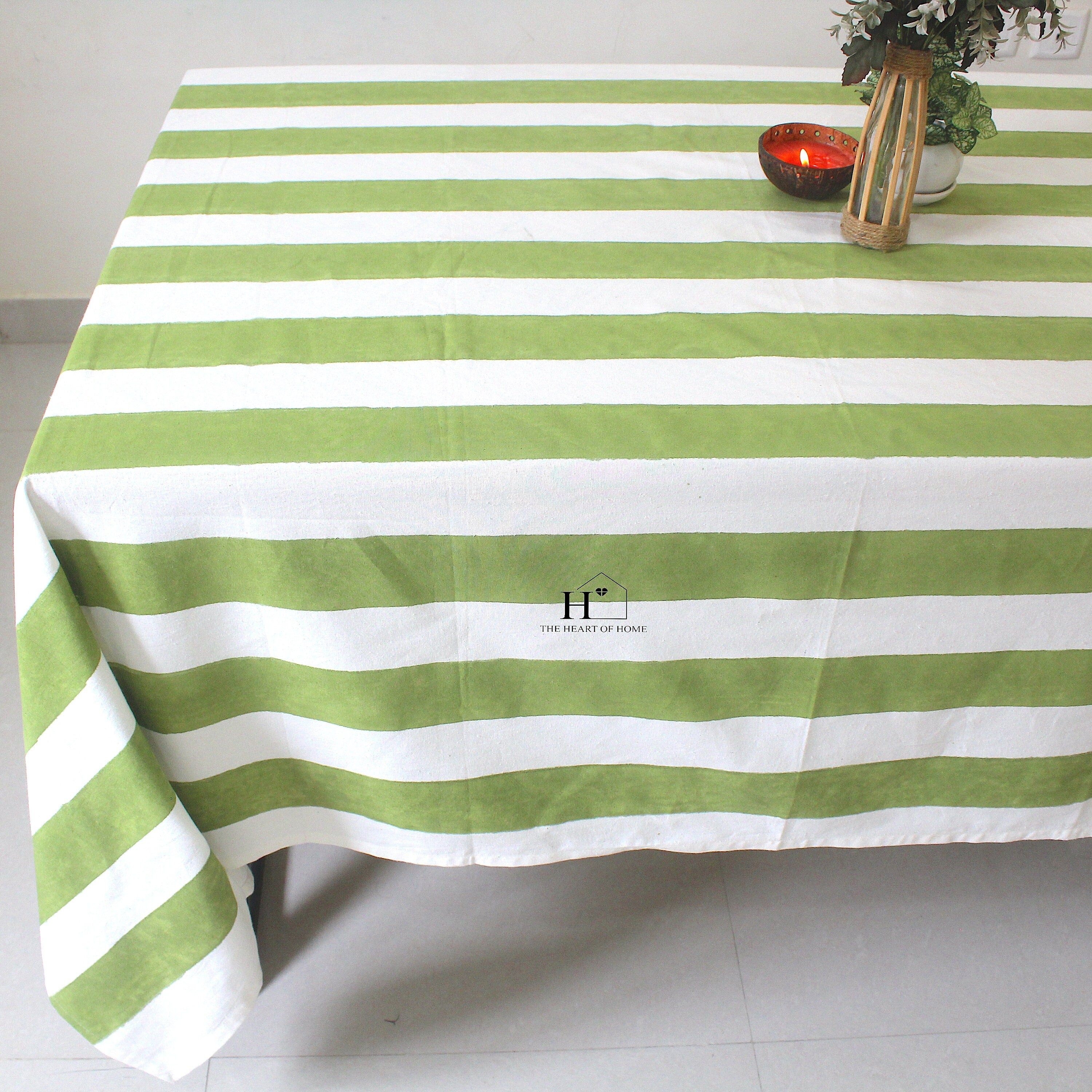 Hand-Block Printed Cotton Tablecloth: Green Stripe Minimalist Decor
