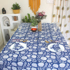 Blue Floral Block Print Cotton Tablecloth: Vibrant Home & Event Decor