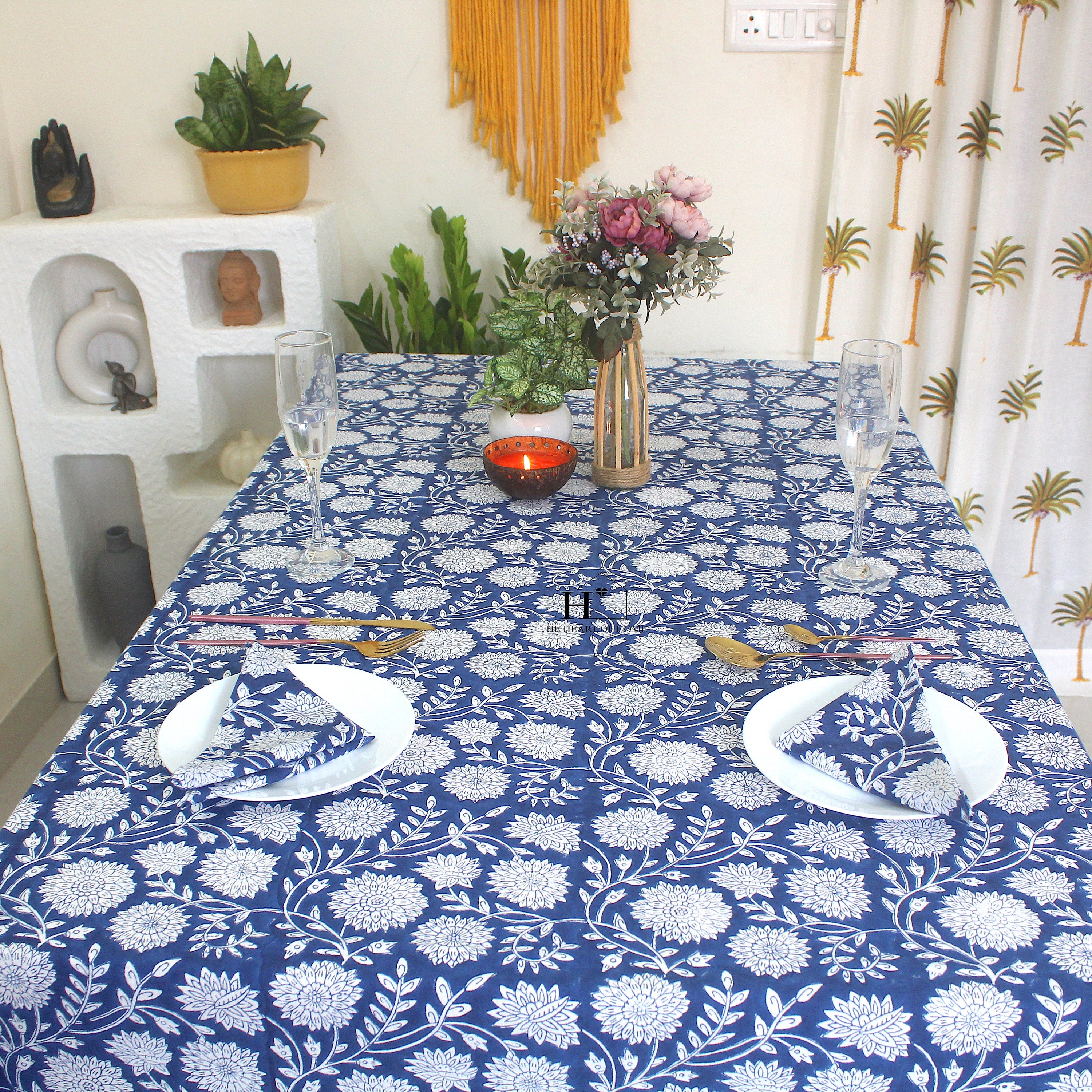 Blue Floral Block Print Cotton Tablecloth: Vibrant Home & Event Decor