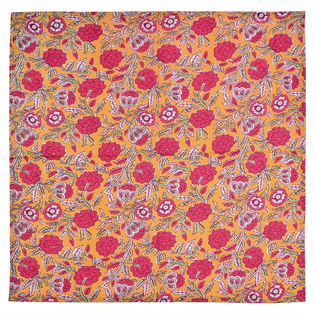 Hand Block Printed Cloth Napkins: Mustard & Pink Floral Cotton Dining Decor