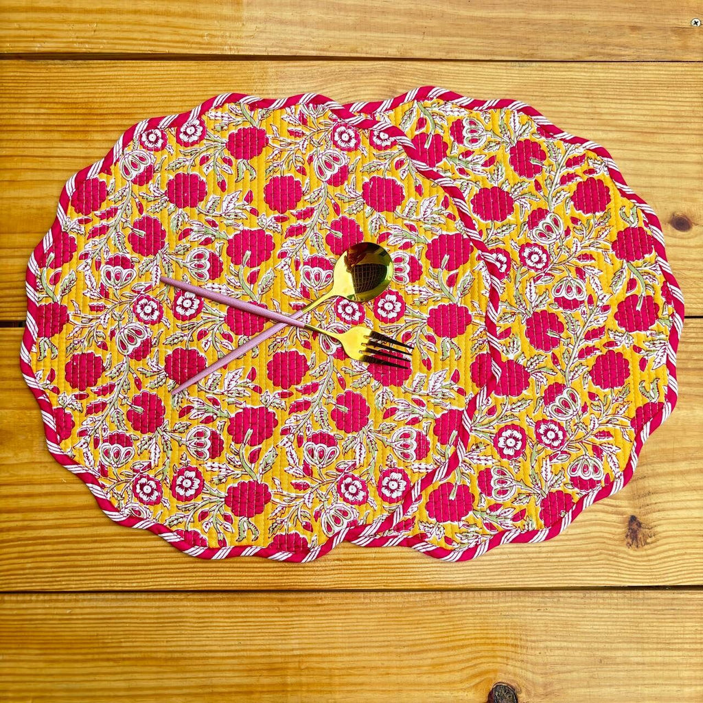 Floral Quilted Placemat & Napkin Set: Mustard Yellow Cotton Table Decor