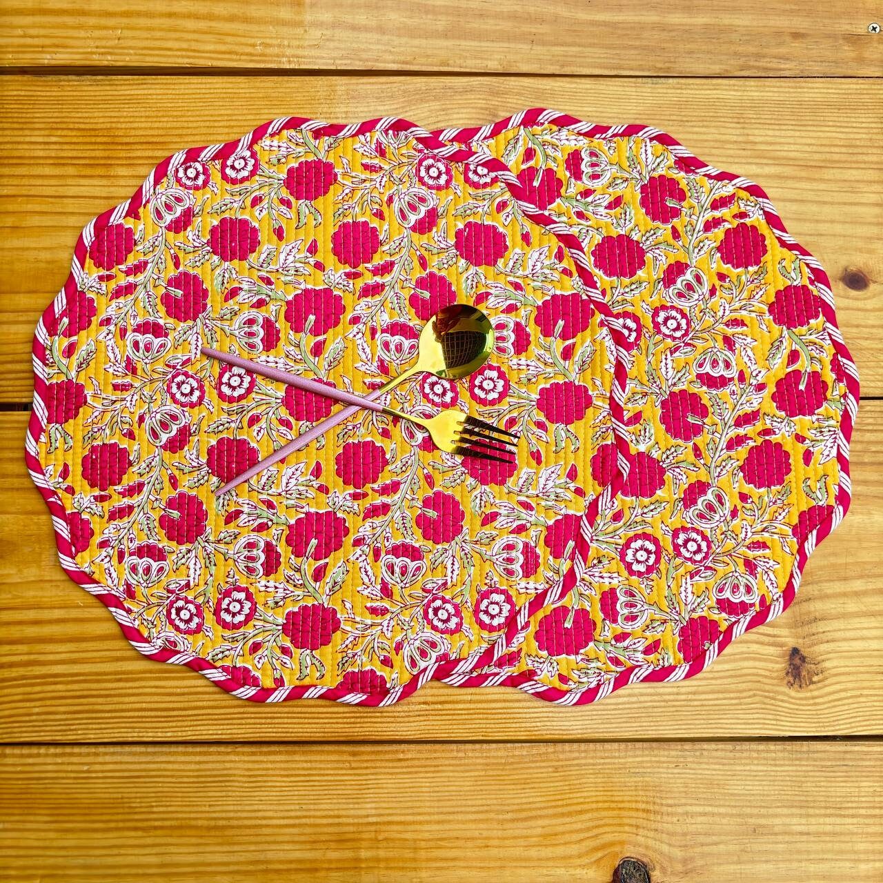 Floral Quilted Placemat & Napkin Set: Mustard Yellow Cotton Table Decor