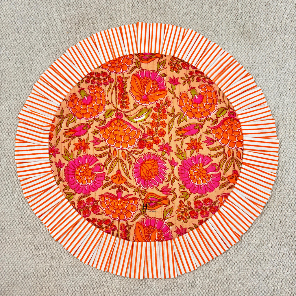 Handcrafted Orange Floral Quilted Placemat & Napkin Set: Indian Artisan Decor