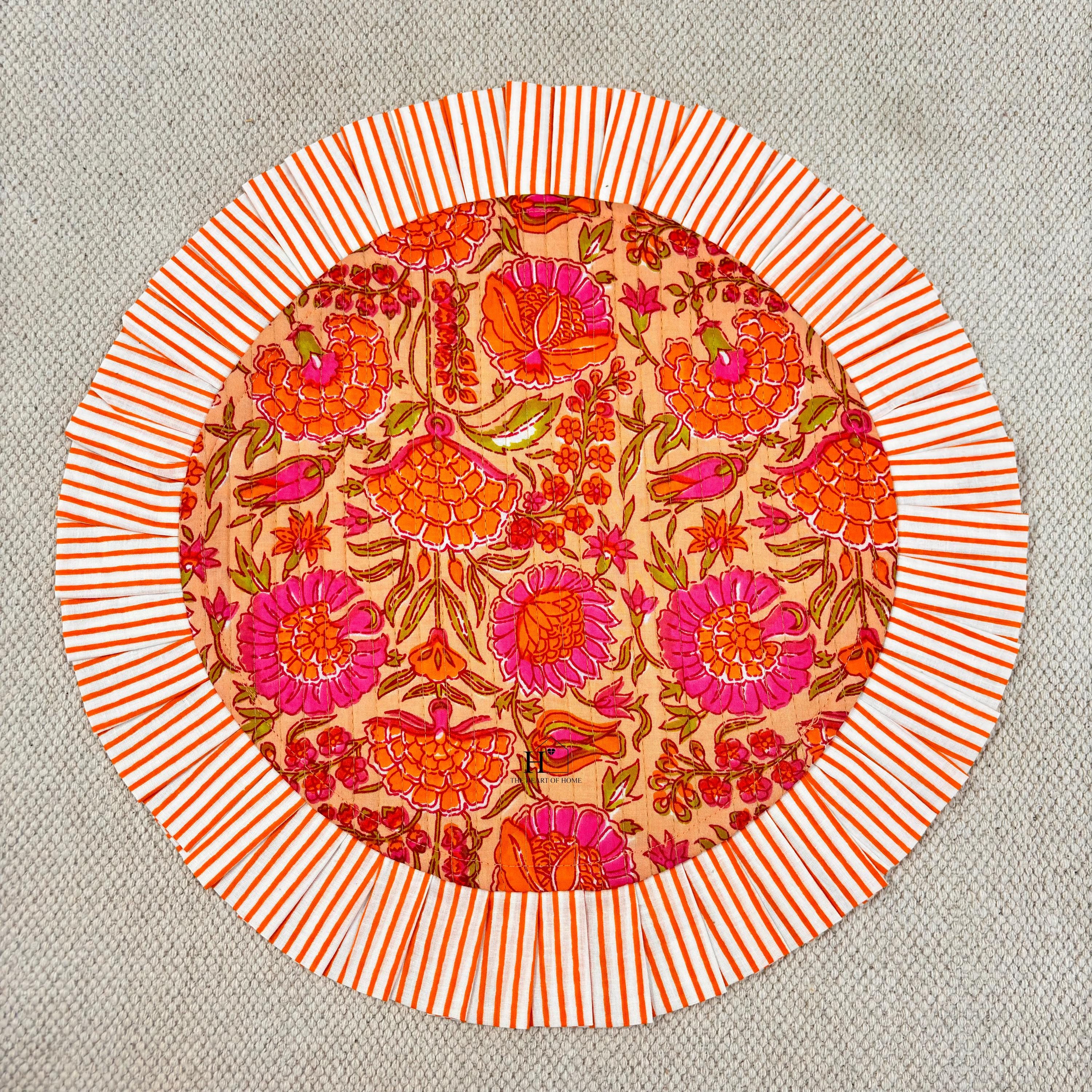 Handcrafted Orange Floral Quilted Placemat & Napkin Set: Indian Artisan Decor