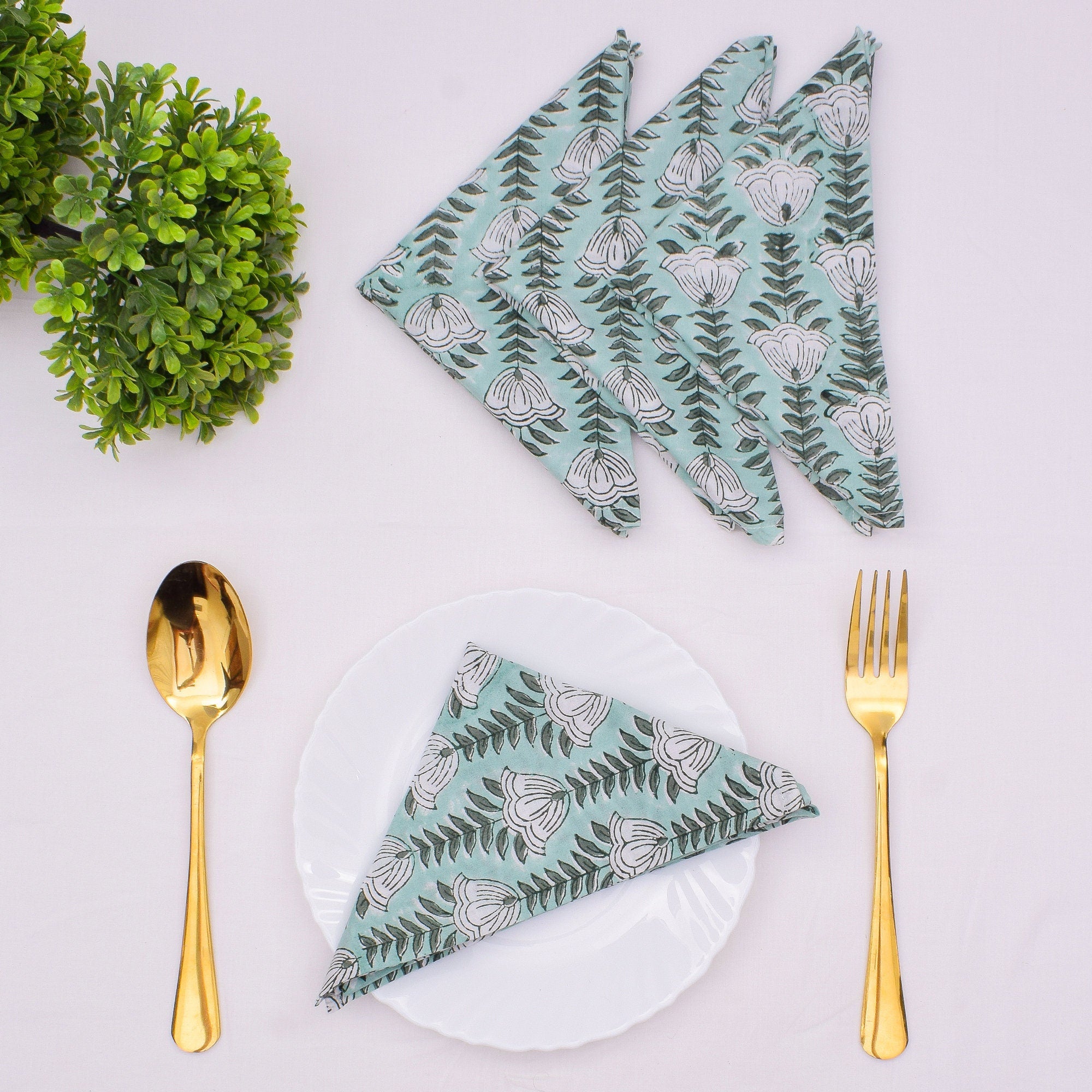 Sage Green Floral Napkins: Hand Block Printed Cotton Cloth