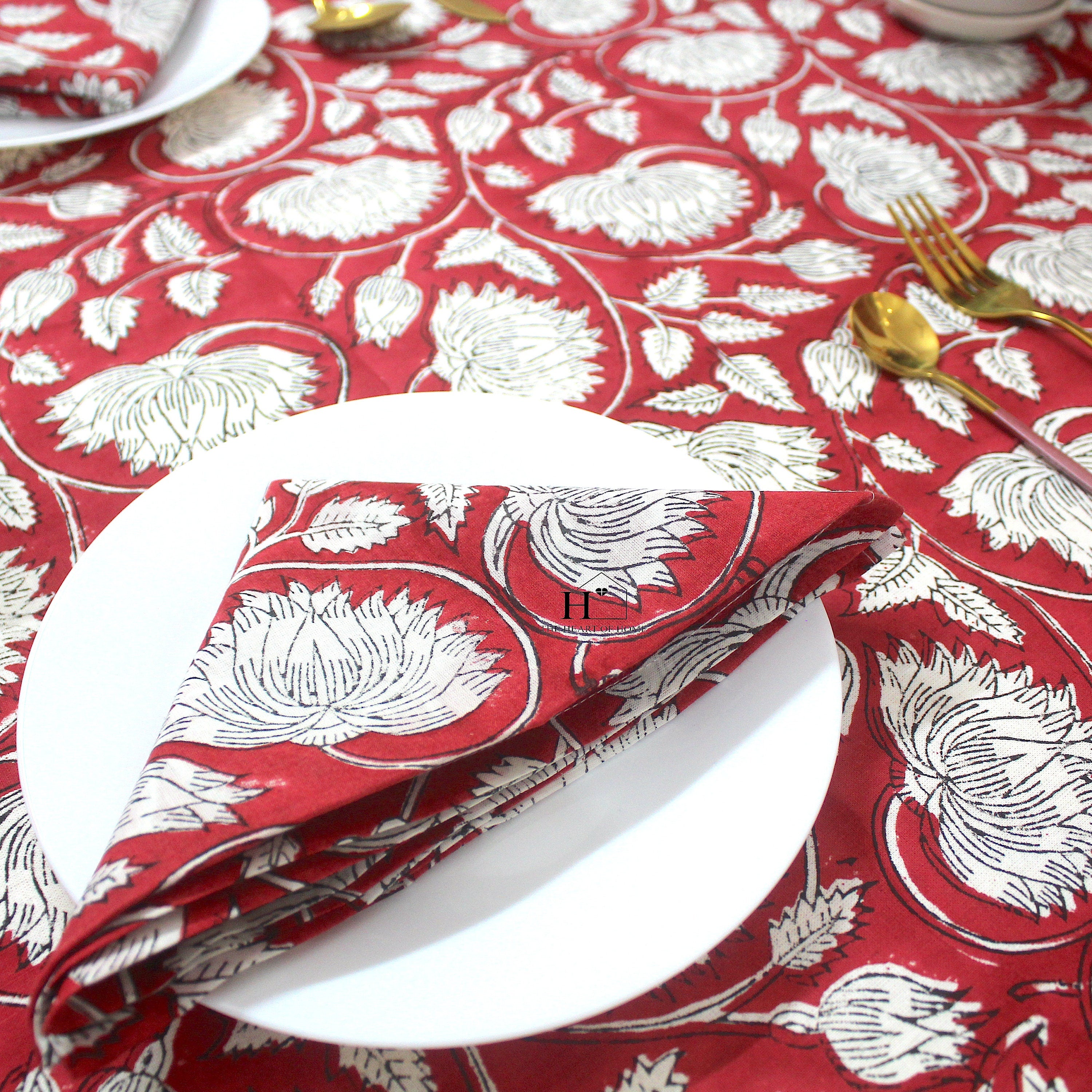 Red Floral Block Print Cotton Tablecloth - Farmhouse Kitchen Decor