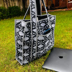 Black Floral Print Quilted Tote Bag: Reversible Waterproof Cotton Travel Bag