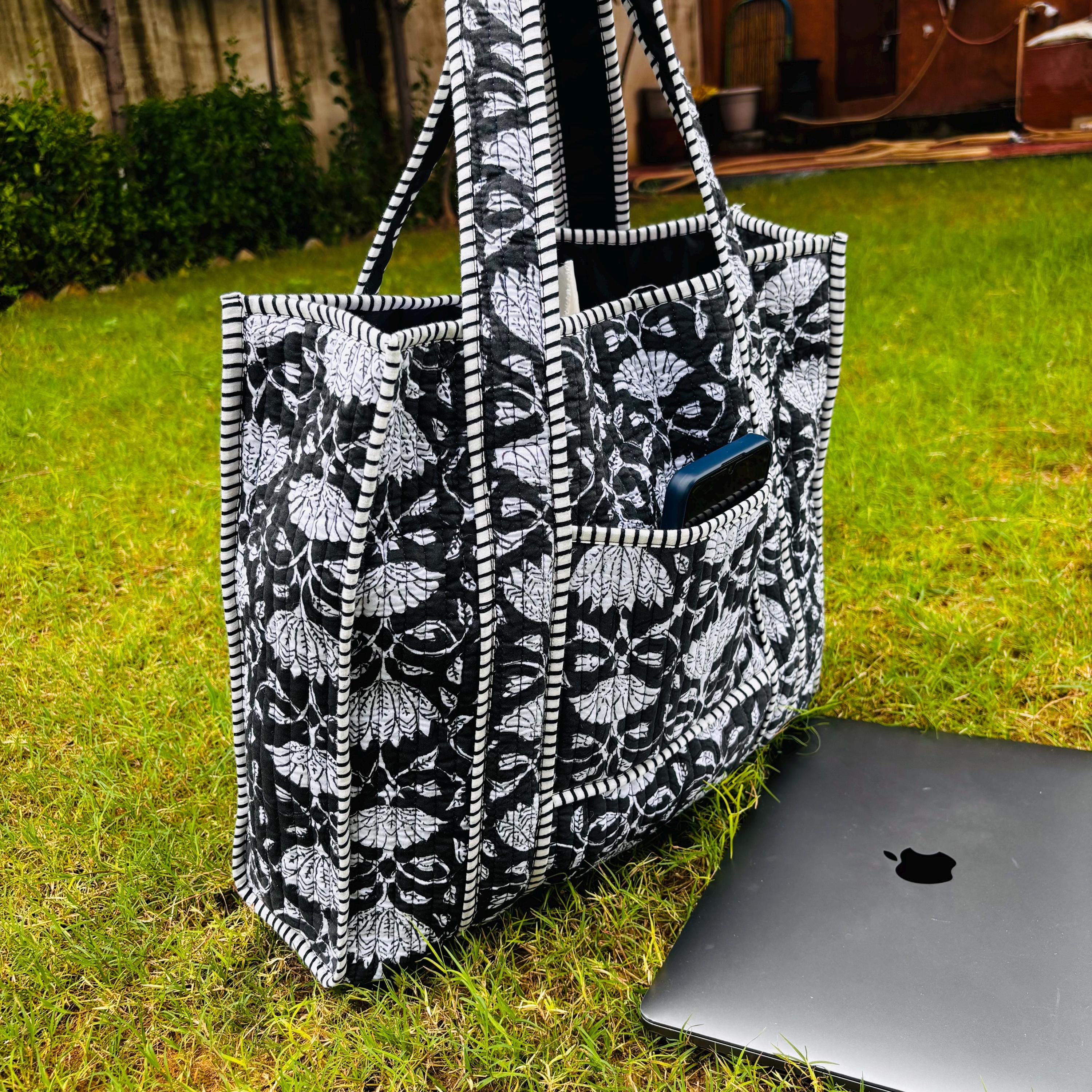 Black Floral Print Quilted Tote Bag: Reversible Waterproof Cotton Travel Bag