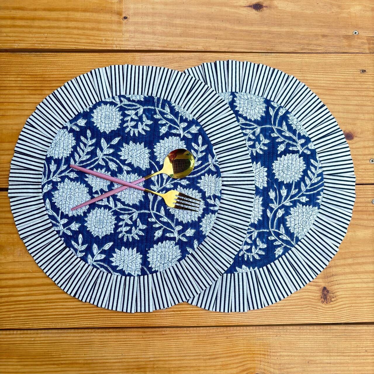 Handcrafted Royal Blue Floral Quilted Placemat & Napkin Set