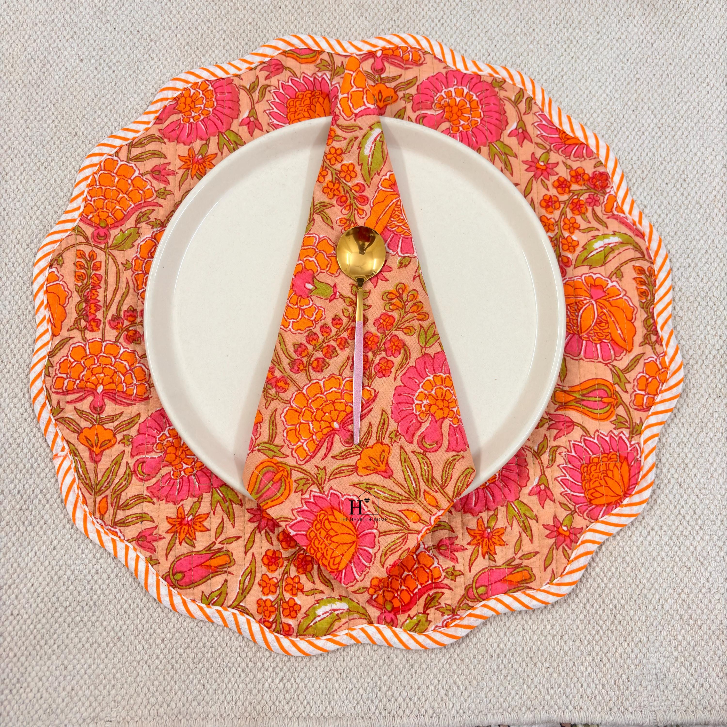 Handcrafted Orange Floral Quilted Placemat & Napkin Set