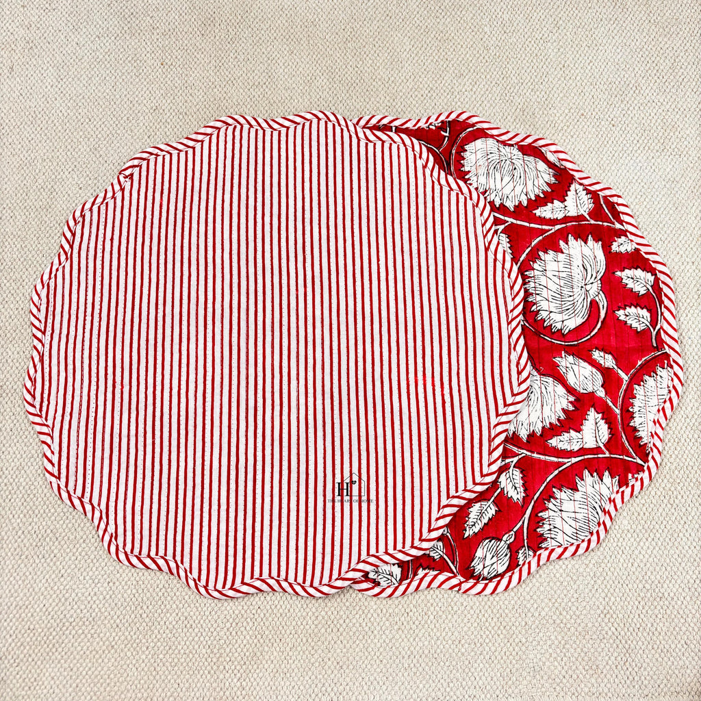 Handcrafted Red Floral Quilted Placemat & Napkin Set: Cotton Dining Decor