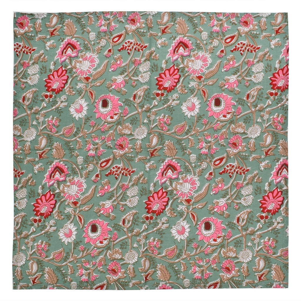 Floral Hand Block Printed Cloth Napkins: Sage Green & Red Cotton Linen