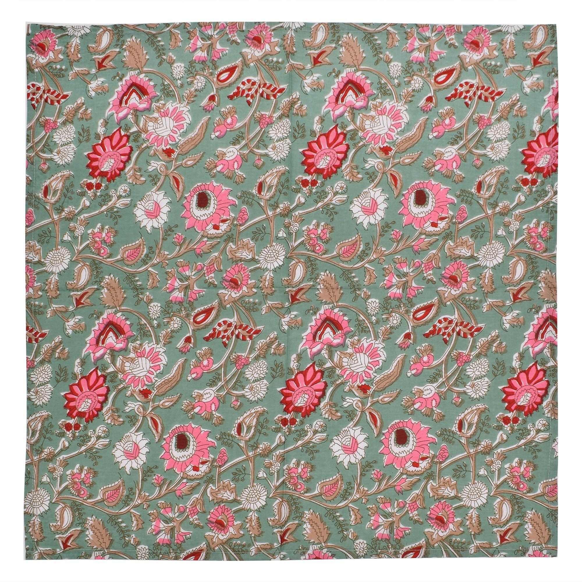 Floral Hand Block Printed Cloth Napkins: Sage Green & Red Cotton Linen