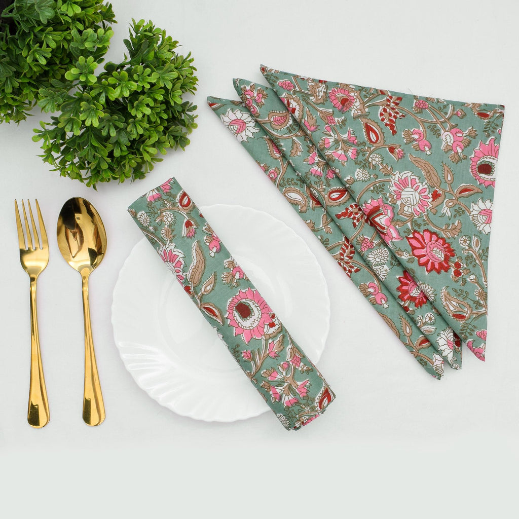 Floral Hand Block Printed Cloth Napkins: Sage Green & Red Cotton Linen