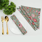 Floral Hand Block Printed Cloth Napkins: Sage Green & Red Cotton Linen