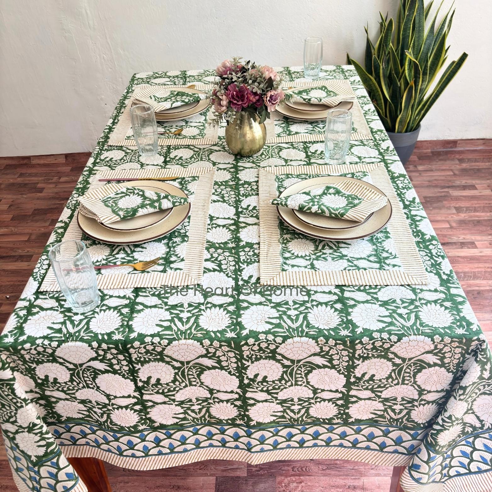 Green Floral Cotton Linen Tablecloth: Custom Sizes, Elegant Event Decor