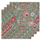 Floral Hand Block Printed Cloth Napkins: Sage Green & Red Cotton Linen