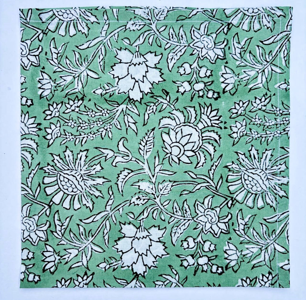 Handmade Olive Green Floral Napkins: Block Printed Cotton Table Decor