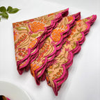 Orange Hand Block Printed Napkins: Embroidered Scallop Edge, Sustainable Cotton