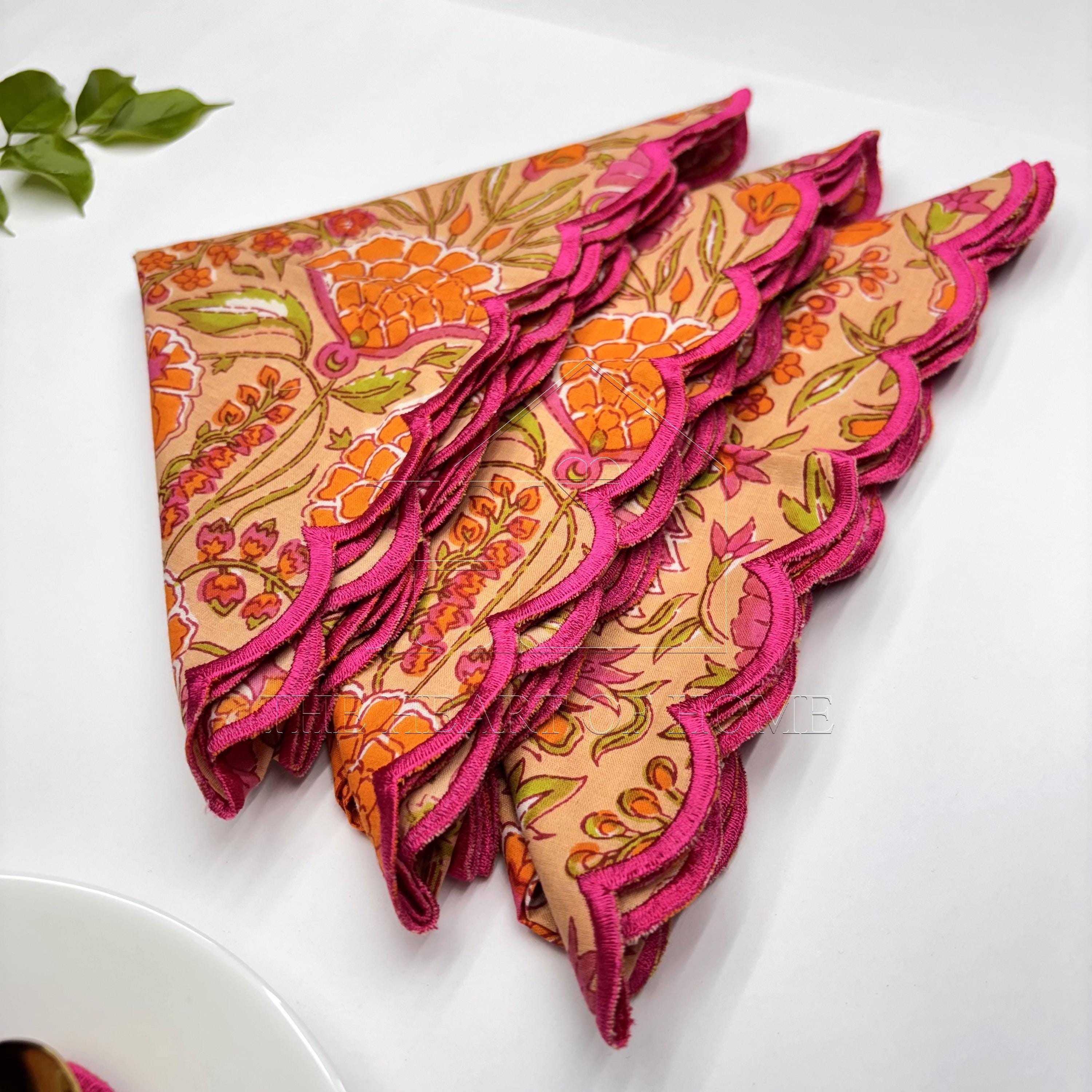 Orange Hand Block Printed Napkins: Embroidered Scallop Edge, Sustainable Cotton