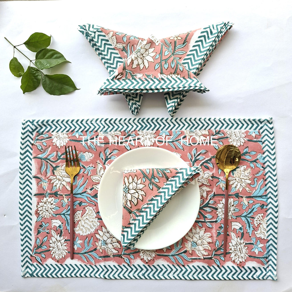 Hand Block Printed Cotton Placemat & Napkin Set: Jaipur Artisan Made