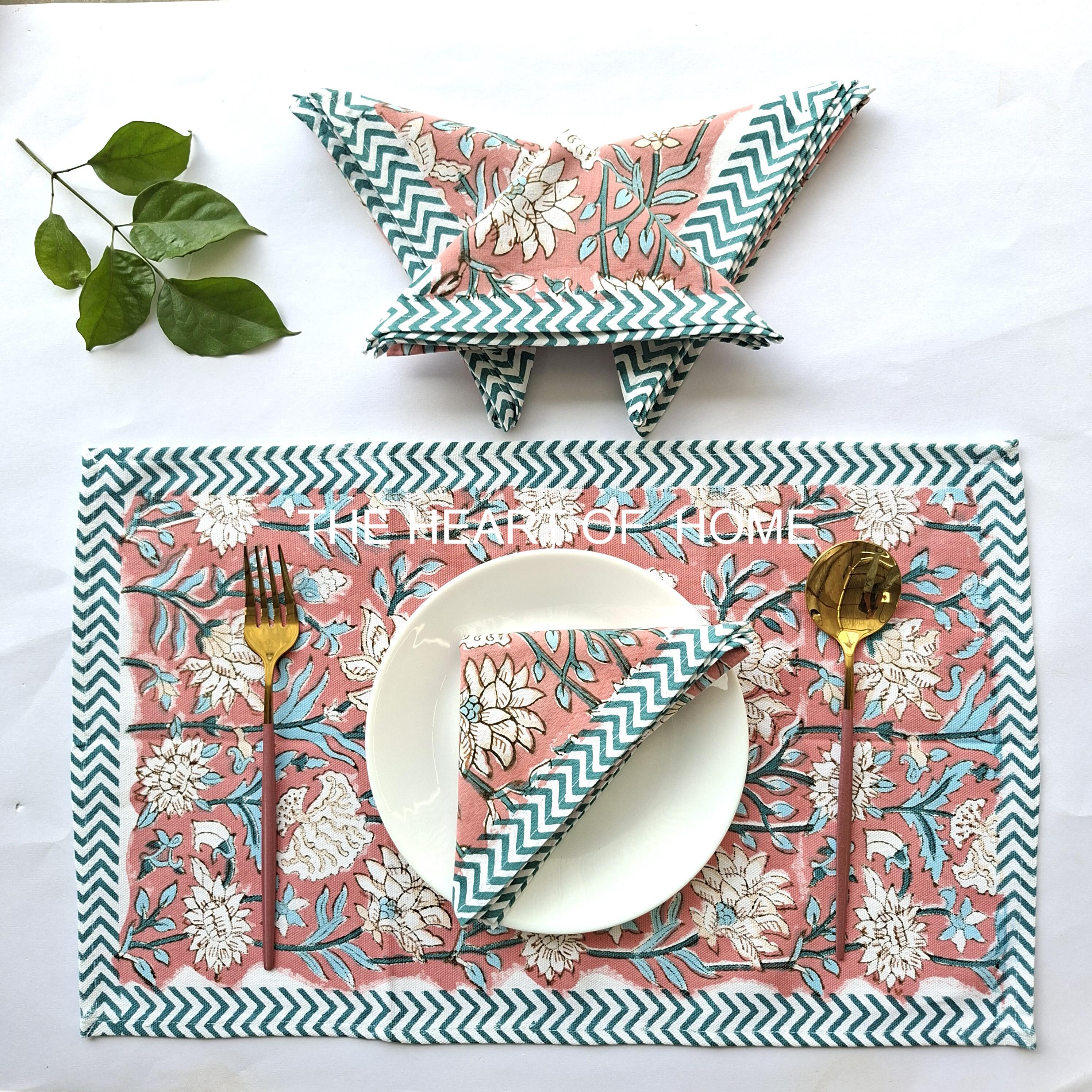 Hand Block Printed Cotton Placemat & Napkin Set: Jaipur Artisan Made