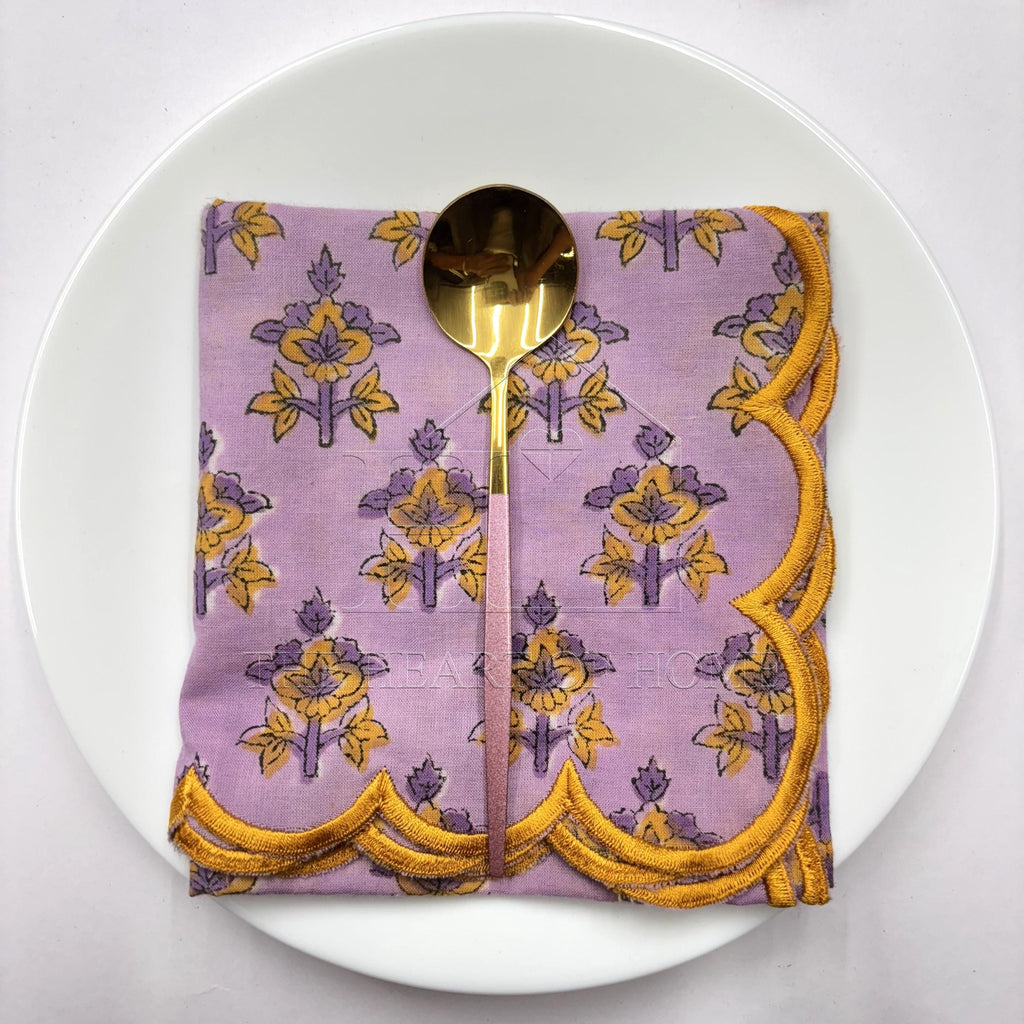 Lavender yellow scallop cotton Embroidery Napkins for table decoration and christmas gift | Reusable Floral Table Linen