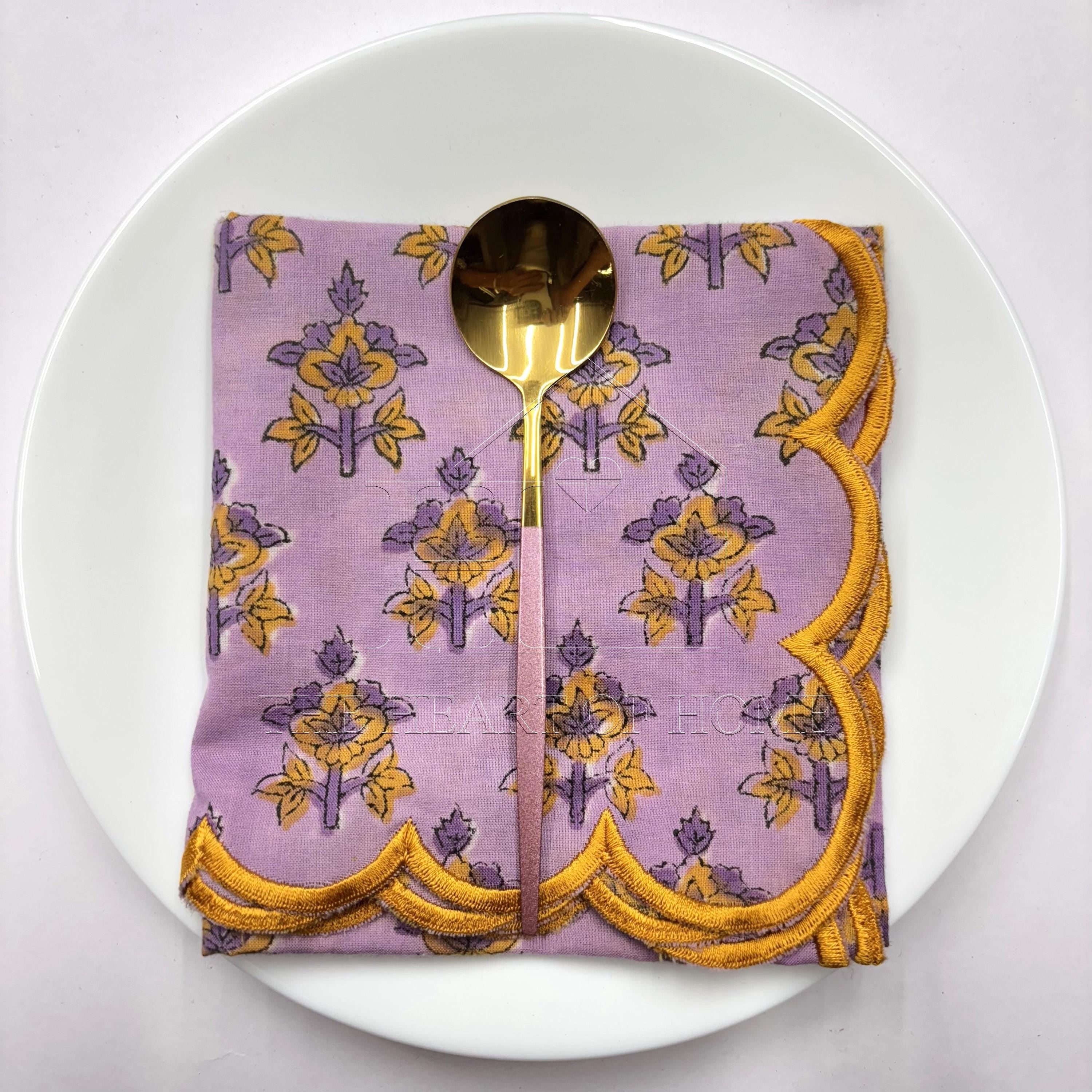 Lavender yellow scallop cotton Embroidery Napkins for table decoration and christmas gift | Reusable Floral Table Linen