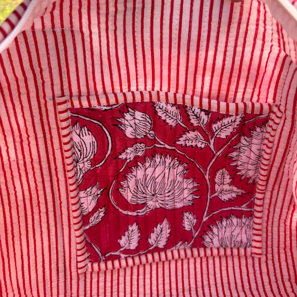 Large Bright Red Cotton Quilted Duffle Bags Block print Gifts Handmade Colorful Travel night Travel Gym Yoga Luggage pocket 18x9x9 inches