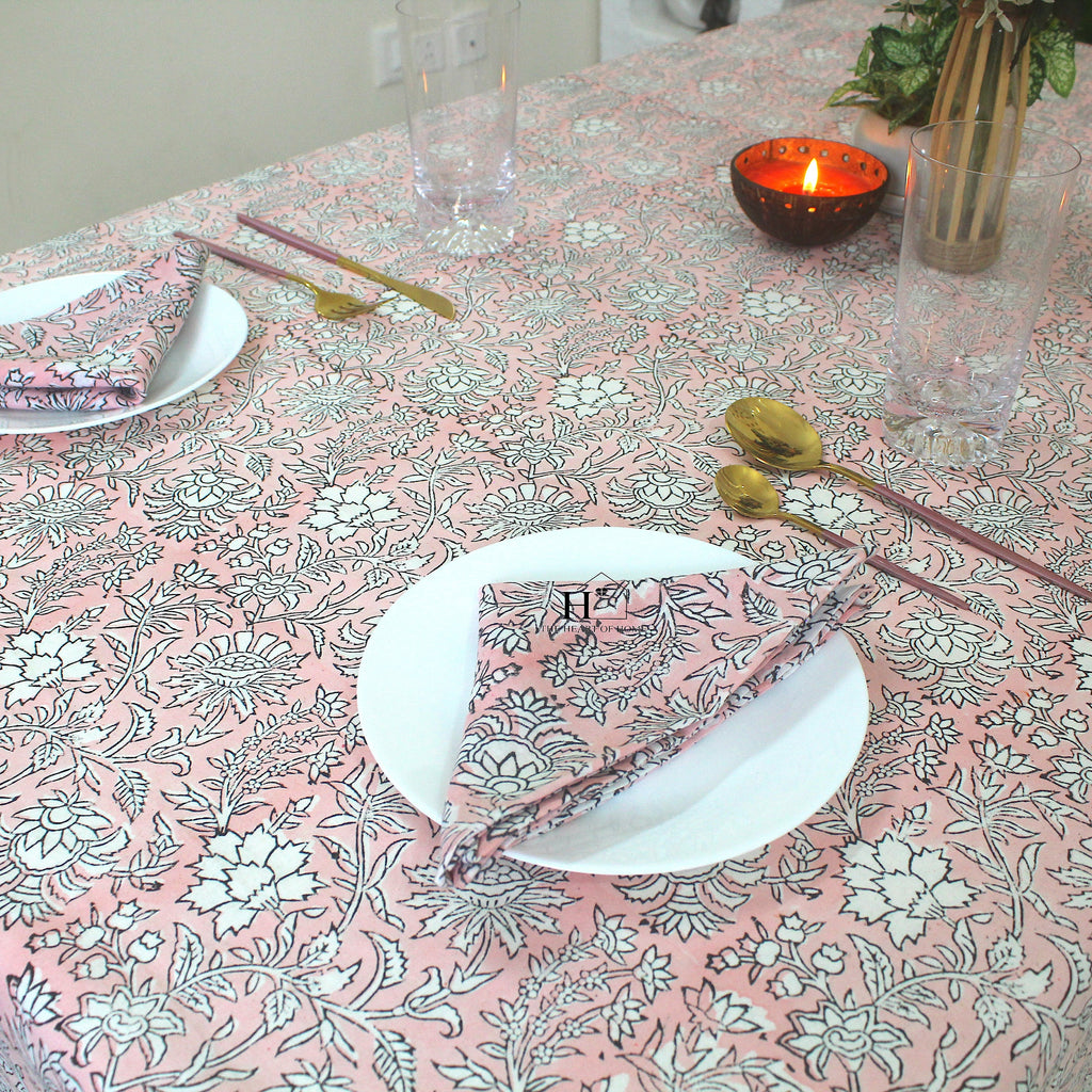 Pink Floral Block Print Cotton Tablecloth - Farmhouse Dining Cover