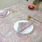 Pink Floral Block Print Cotton Tablecloth - Farmhouse Dining Cover