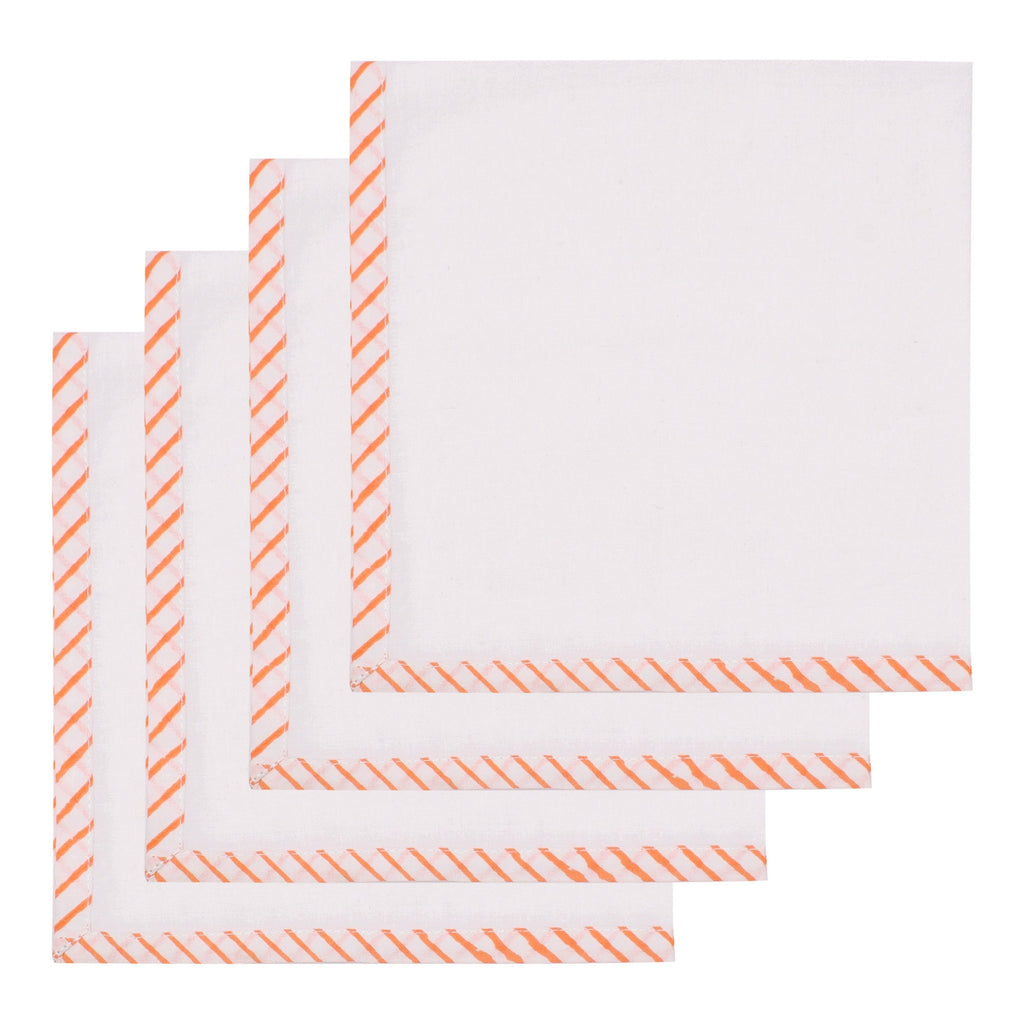 Hand Block Printed Cotton Napkins: White with Orange Border